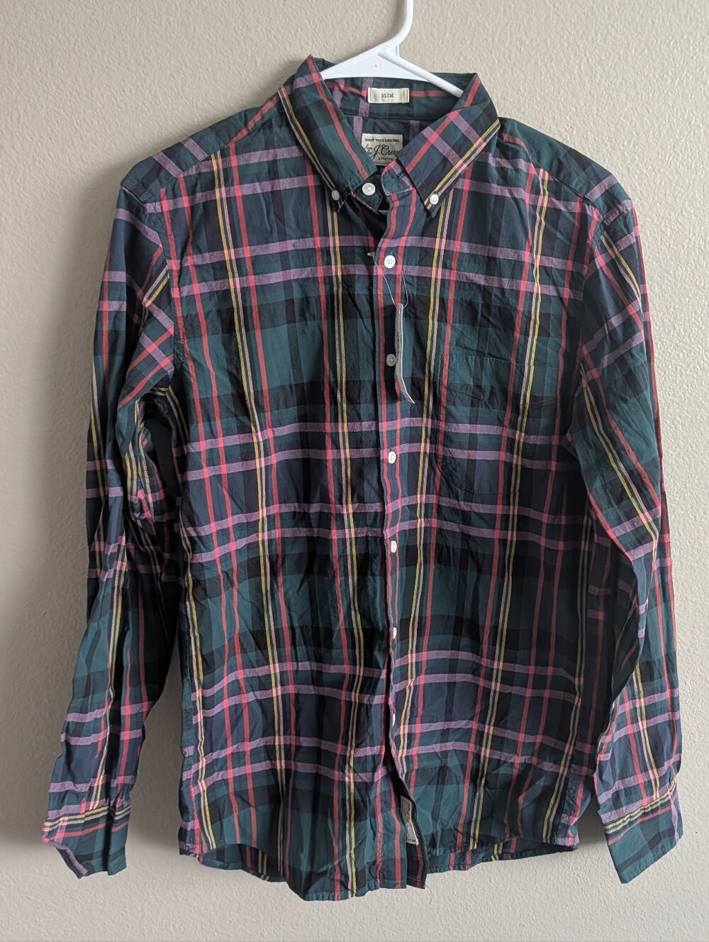 NWT J Crew Secret Wash Slim Plaid Button Down Shirt Green Pink Size S Cotton
